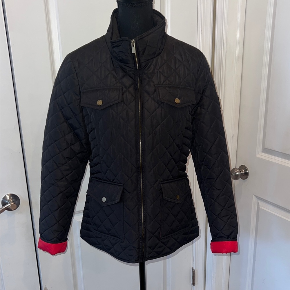 Tommy Hilfiger Women's Quilted Black Jacket with Red Accents NEXT DAY SHIPPING
